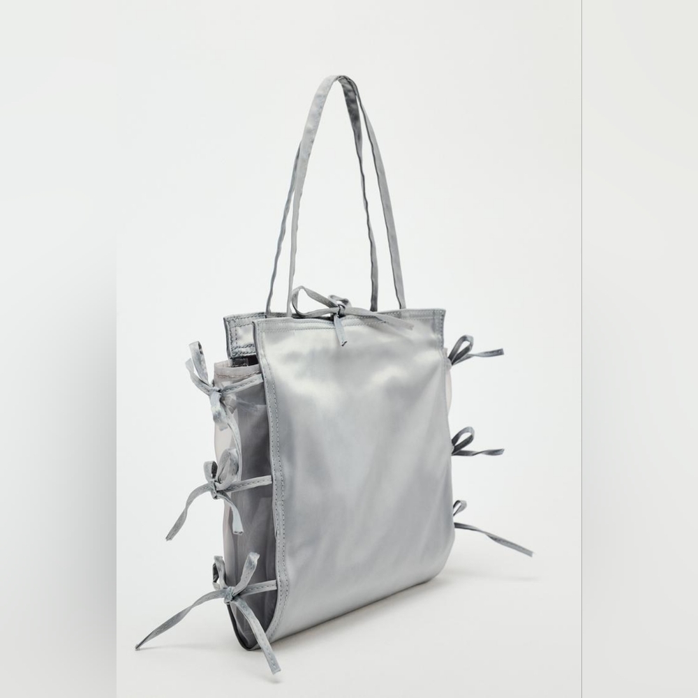 Zara Bow Trim Satin Effect Tote Bag NWT